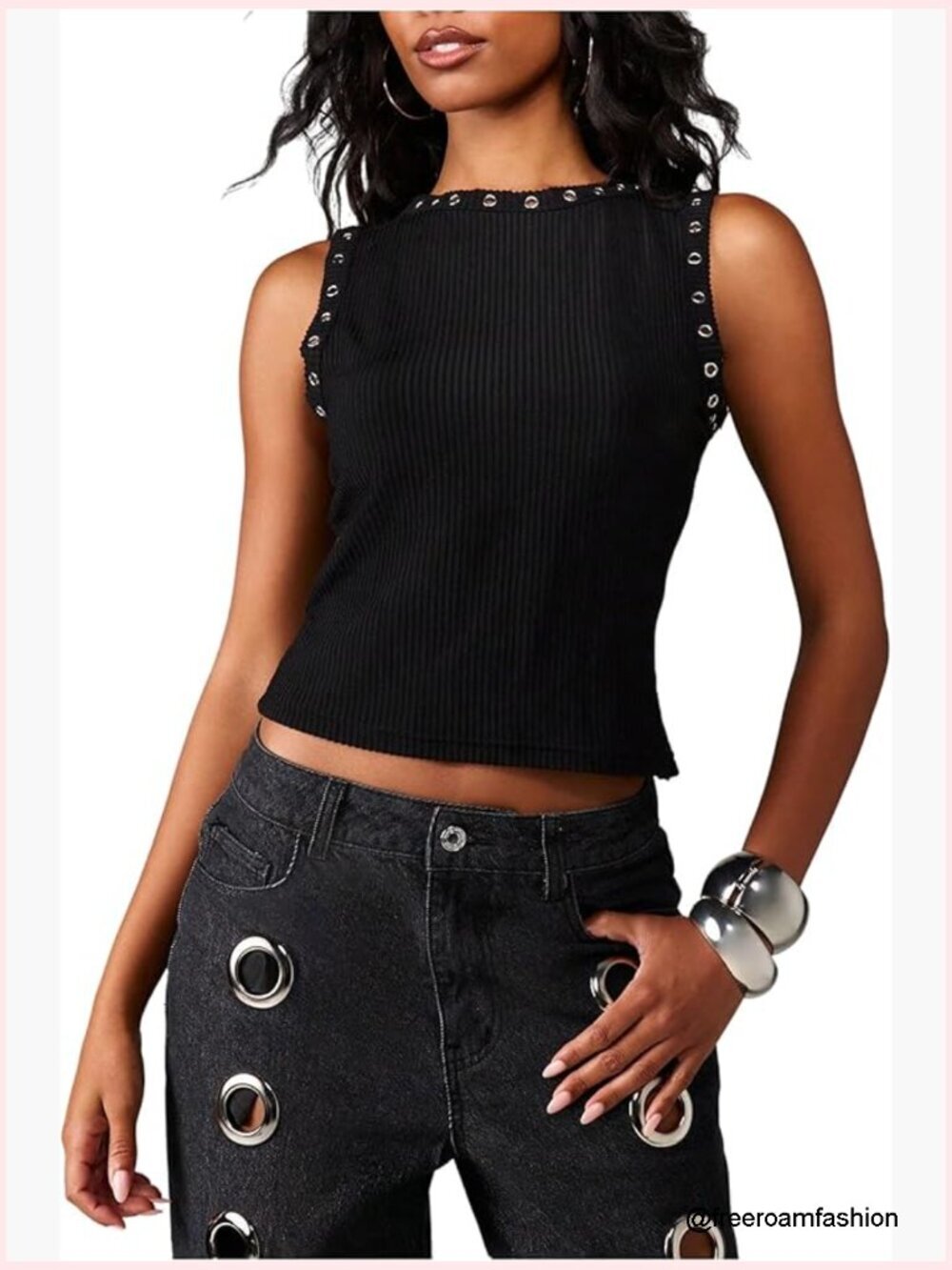 Y2K Grommet Eyelet Ribbed Knit Tank Top Mock Neck Sleeveless Crop Top